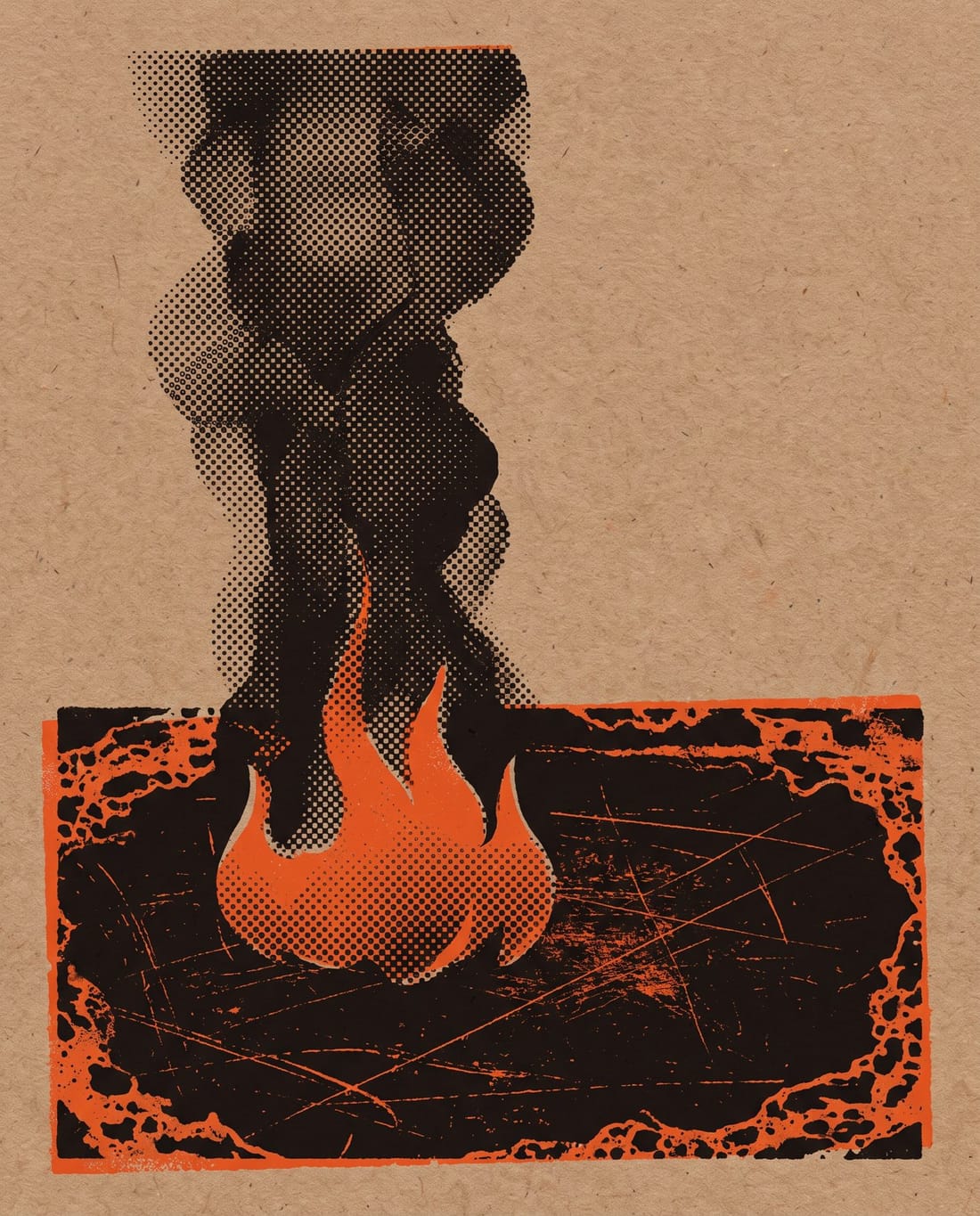 Stampa serigrafica: una colonna di fumo che sale da una fiamma bassa.